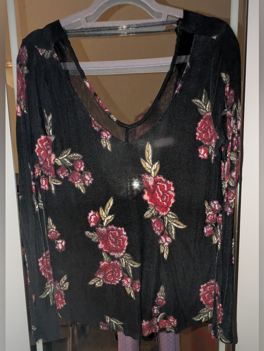 Daytrip Black Sheer V-Neck Top with Red Rose Embroidery